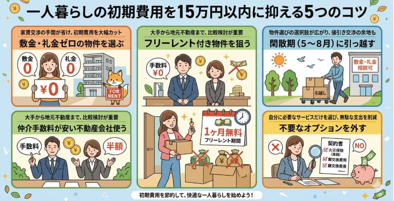 一人暮らしの初期費用を15万円以内に抑える5つのコツ｜ゼロゼロ物件・フリーレント・閑散期引越しの節約術
