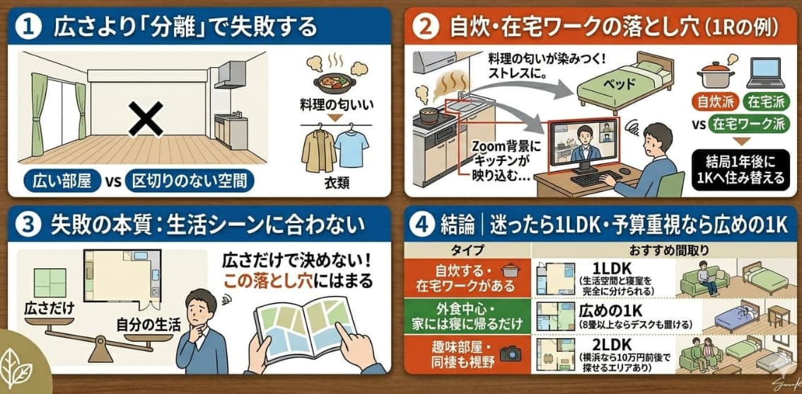 一人暮らしの間取りで失敗する人の共通点4パターン｜広さ・自炊・生活シーン・予算別の解説図