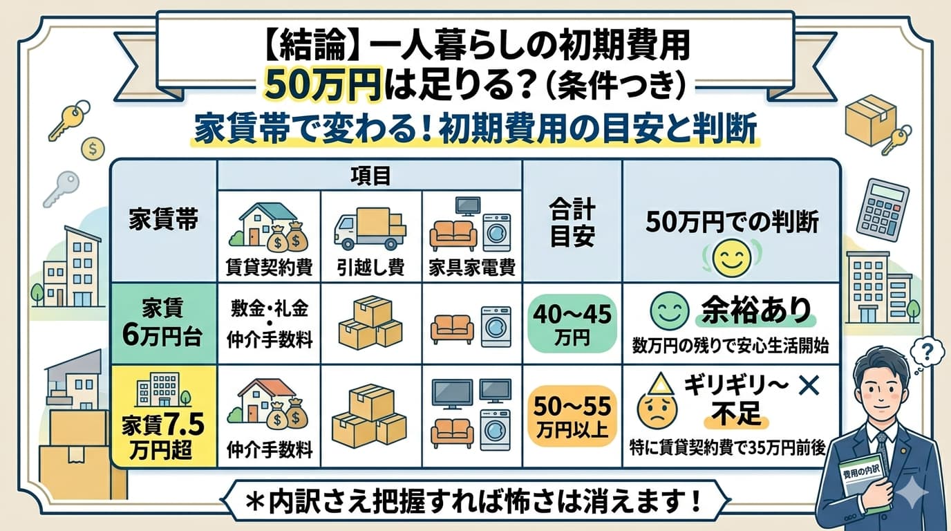 一人暮らしの初期費用50万円で足りる家賃帯の目安｜6万円台は余裕・7.5万円超は不足の判断表