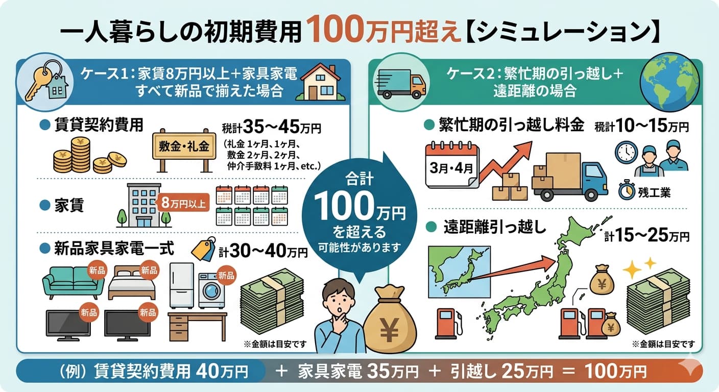 一人暮らしの初期費用が100万円を超える2つのケースのシミュレーション。ケース1は家賃8万円以上で家具家電をすべて新品で揃えた場合、賃貸契約費用35〜45万円と新品家具家電一式30〜40万円で合計100万円を超える可能性がある。ケース2は繁忙期の引っ越しと遠距離の場合、繁忙期の引っ越し料金10〜15万円と遠距離引っ越し15〜25万円で費用が膨らむ。例として賃貸契約費用40万円と家具家電35万円と引っ越し25万円で合計100万円
