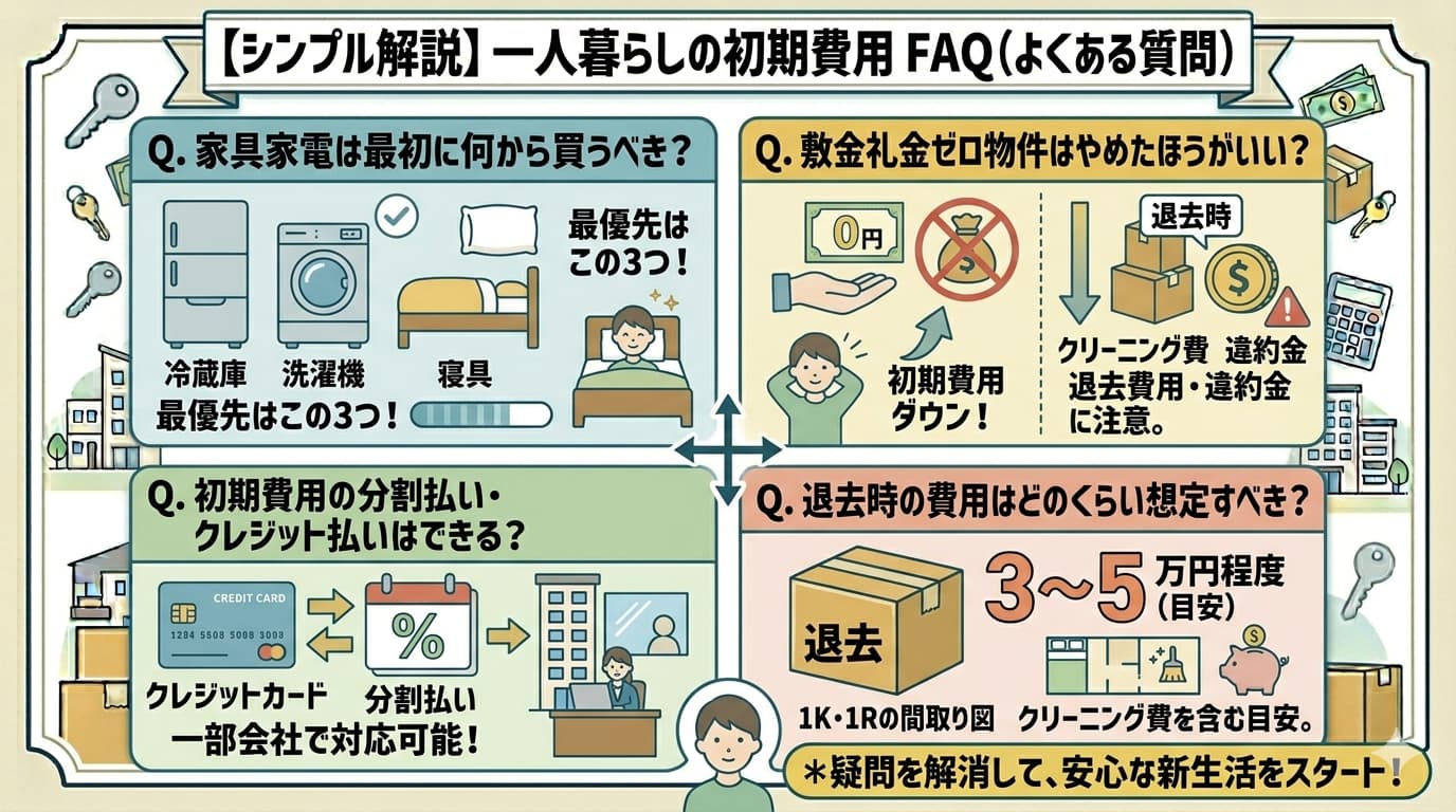 一人暮らしの初期費用50万円に関するよくある質問｜家具家電の優先順位・ゼロゼロ物件・退去費用の目安