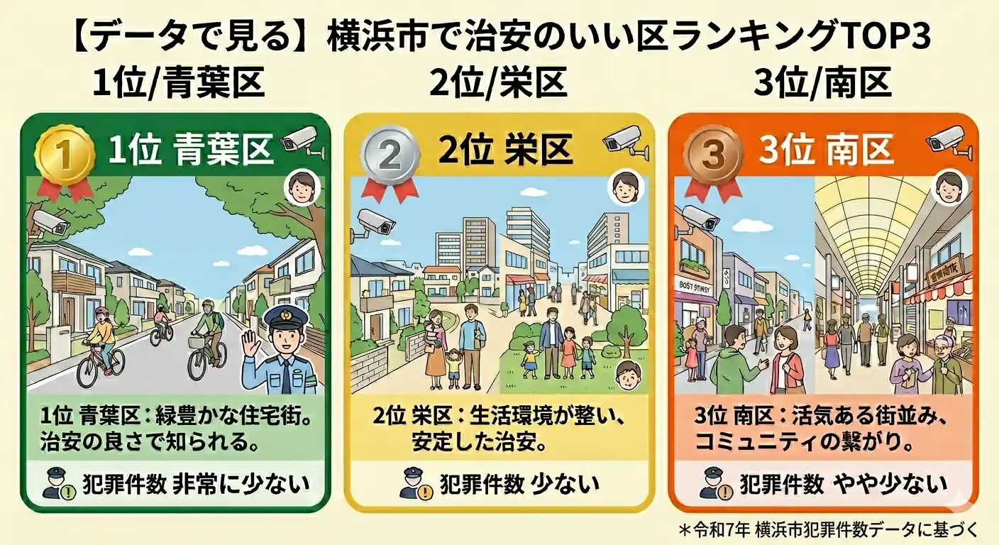 横浜市で治安のいい区ランキングTOP3のインフォグラフィック｜1位青葉区・2位栄区・3位南区の特徴と犯罪件数比較
