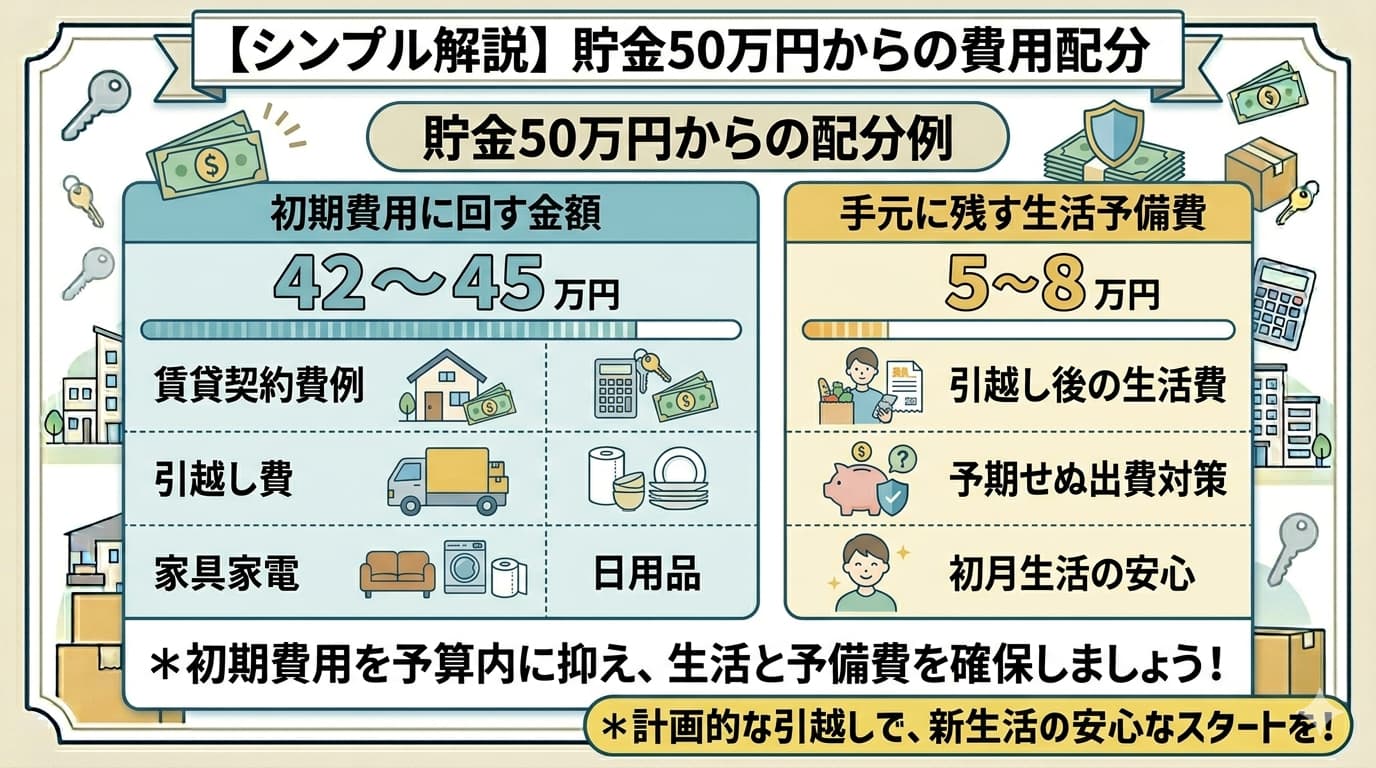 貯金50万円から一人暮らしを始める費用配分例｜初期費用42〜45万円・生活予備費5〜8万円の内訳