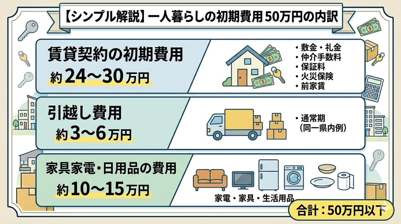 一人暮らしの初期費用50万円の内訳3カテゴリ｜賃貸契約24〜30万円・引越し3〜6万円・家具家電10〜15万円