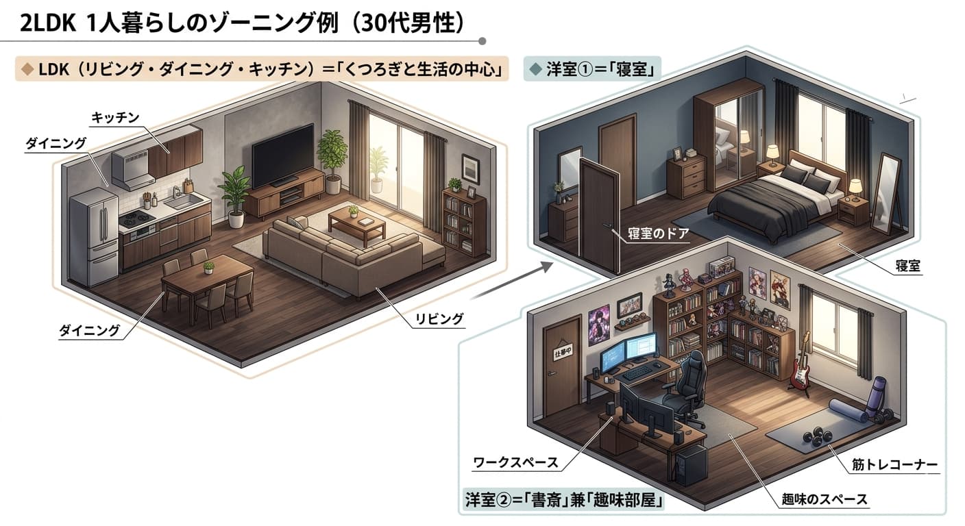 一人暮らしで2LDKを使う場合のゾーニング例｜LDK・寝室・書斎/趣味部屋の3分割レイアウト