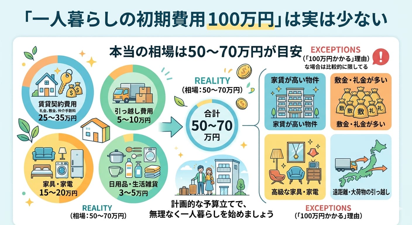 一人暮らしの初期費用100万円は実は少ないことを示すインフォグラフィック。実際の相場は50〜70万円が目安で、賃貸契約費用25〜35万円、引っ越し費用5〜10万円、家具家電15〜20万円の内訳。100万円かかるのは家賃が高い物件や敷金礼金が多い場合に限られる