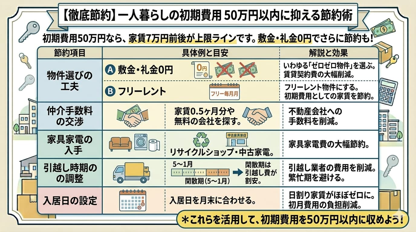 一人暮らしの初期費用を50万円以内に抑える節約術5選｜敷金礼金ゼロ・フリーレント・仲介手数料交渉など