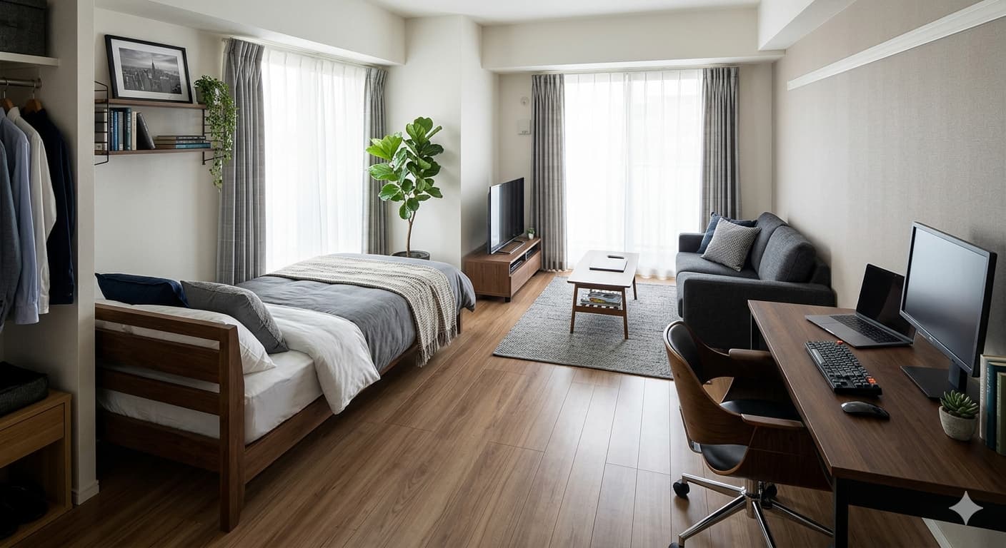 一人暮らし1K（6〜8畳）の家具配置例｜ベッド・デスク・ソファのレイアウト実例写真