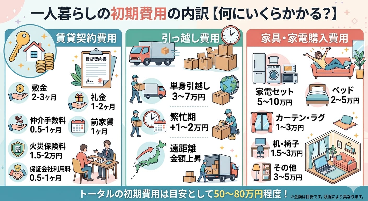 一人暮らしの初期費用の内訳を3カテゴリに分けたインフォグラフィック。賃貸契約費用は敷金2〜3ヶ月・礼金1〜2ヶ月・仲介手数料0.5〜1ヶ月・前家賃1ヶ月・火災保険料1.5〜2万円・保証会社利用料0.5〜1ヶ月。引っ越し費用は単身3〜7万円で繁忙期はプラス1〜2万円。家具家電購入費用は家電セット5〜10万円・ベッド2〜5万円・カーテンやラグ1〜3万円・机や椅子1.5〜2万円。トータルの初期費用は目安として50〜80万円程度
