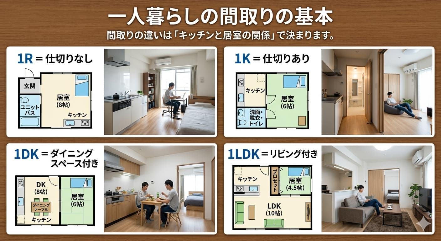 一人暮らしの間取りの基本4タイプ比較｜1R・1K・1DK・1LDKのキッチンと居室の違い