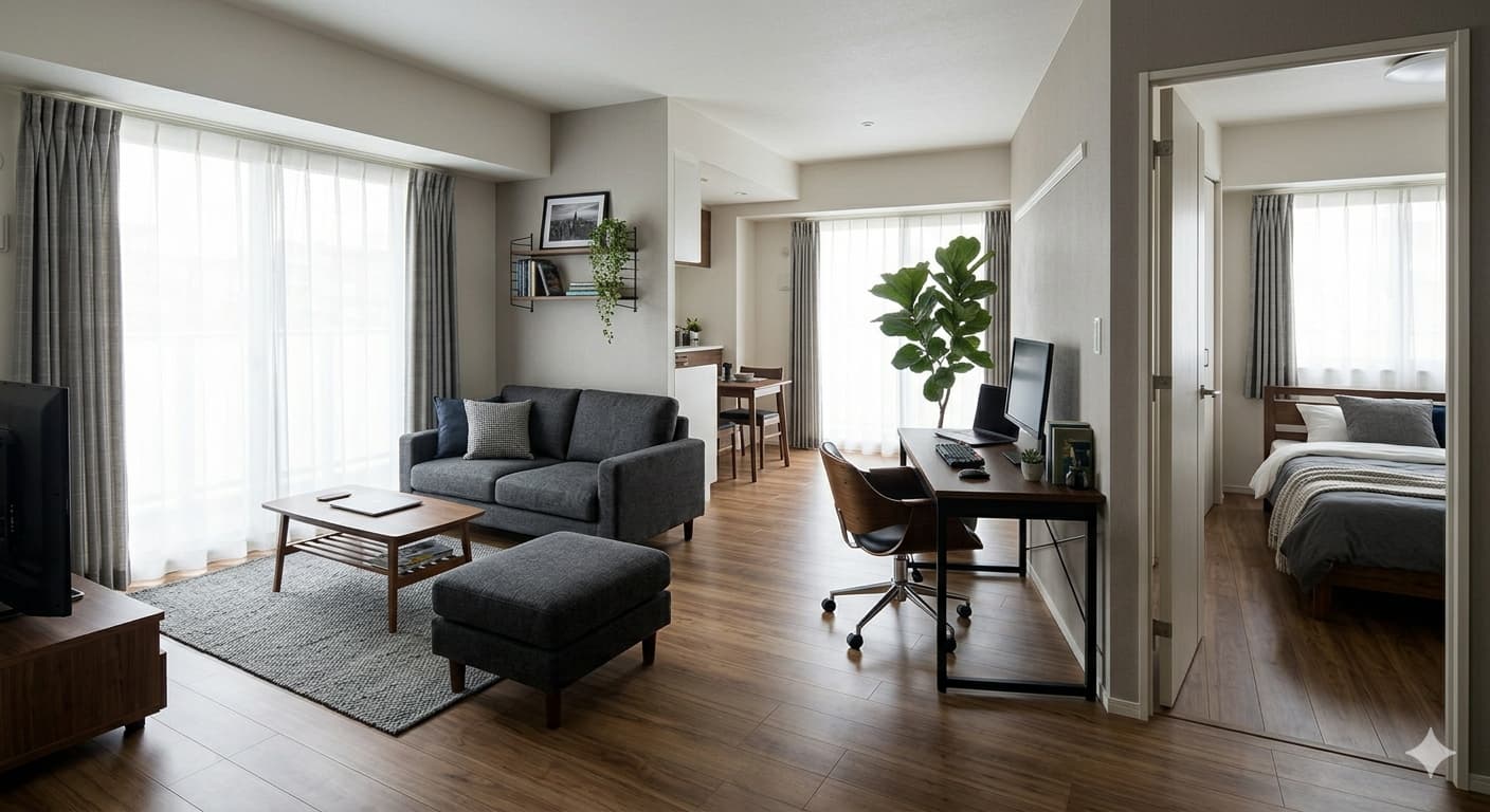 一人暮らし1LDK（リビング8畳〜）の家具配置例｜ソファ・デスク・ベッドを分けたレイアウト写真