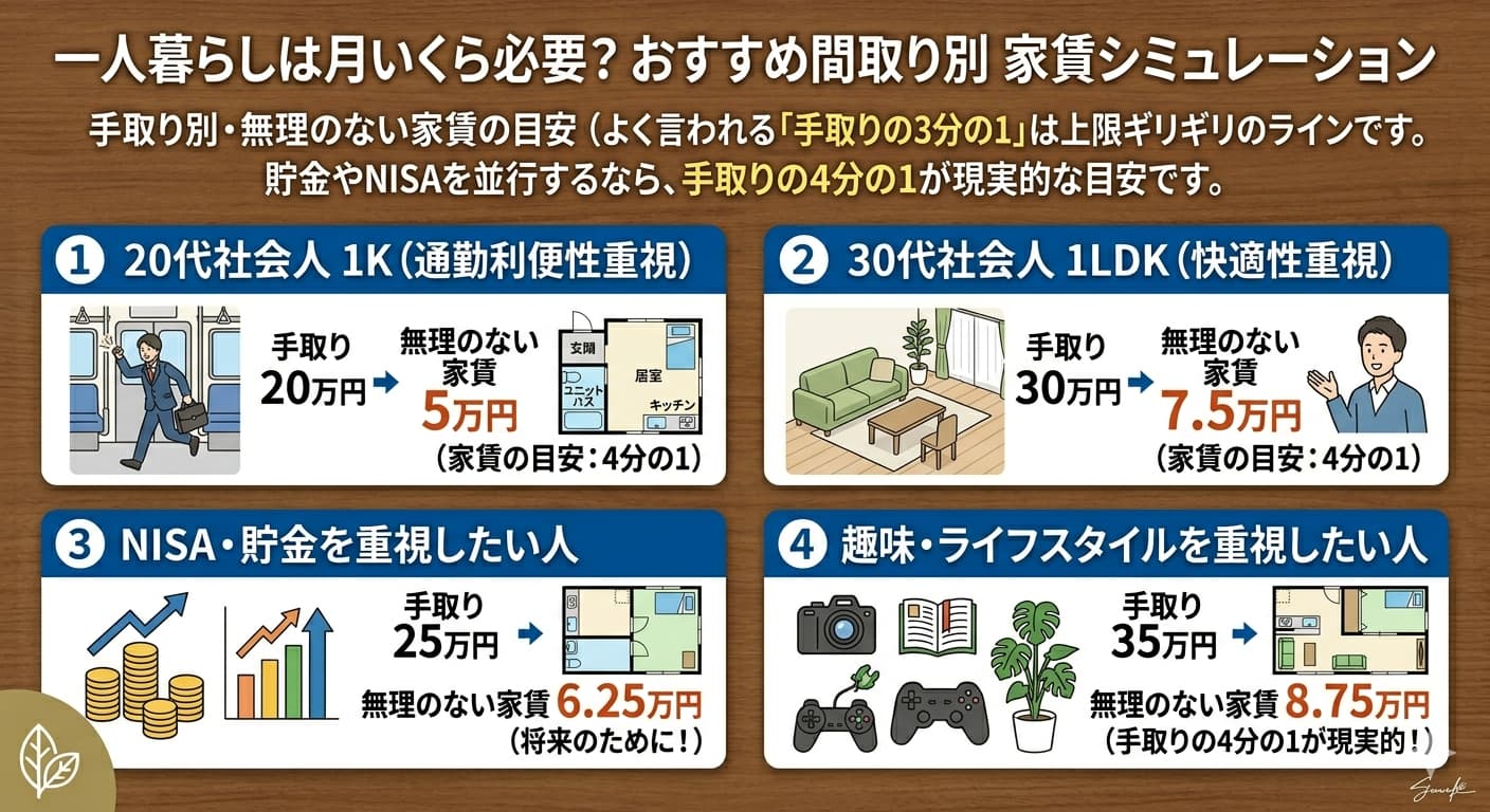 一人暮らしの間取り別家賃シミュレーション｜手取りの3分の1・4分の1で見る無理のない家賃目安