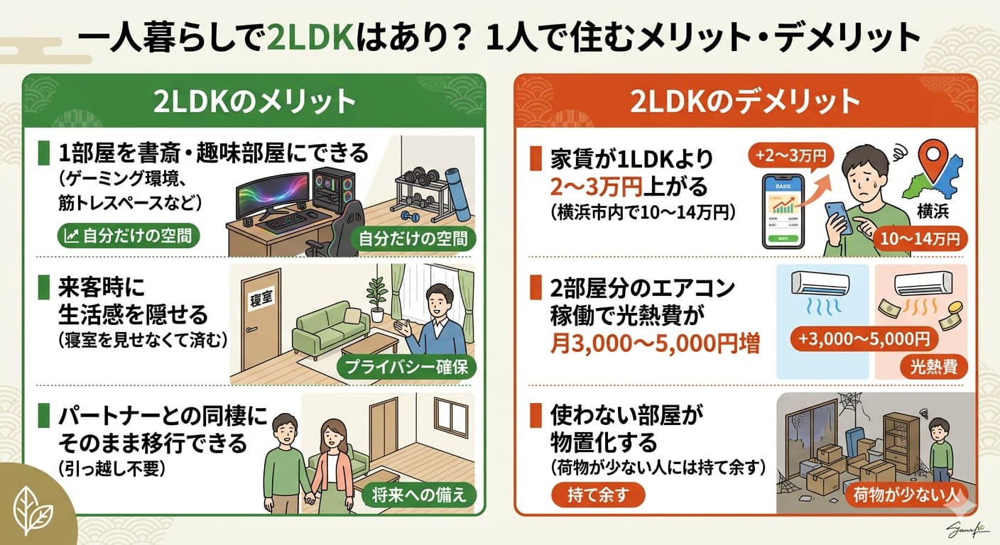 一人暮らしで2LDKに住むメリット・デメリット比較｜書斎化・来客対応と家賃・光熱費増の関係