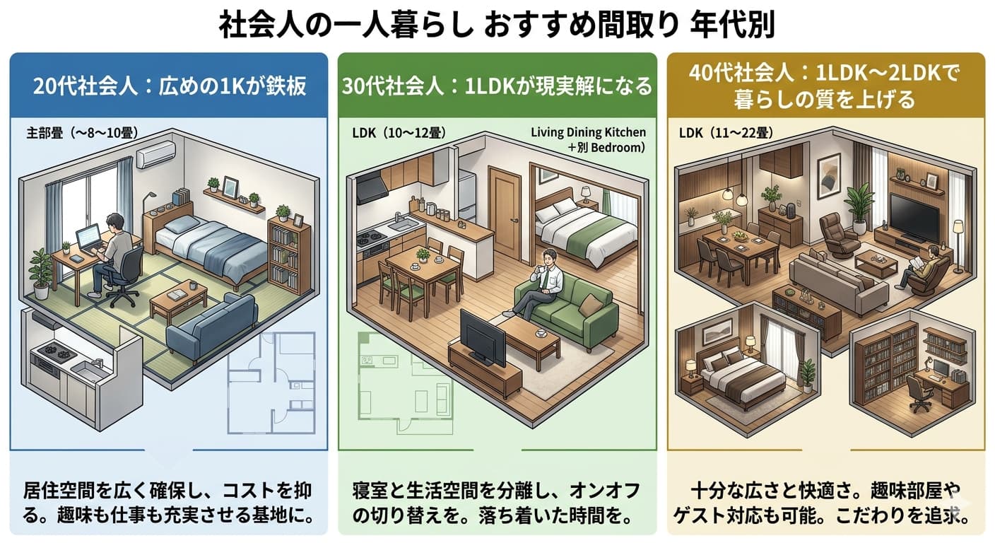 社会人の一人暮らしにおすすめの間取り年代別比較｜20代1K・30代1LDK・40代1LDK〜2LDK