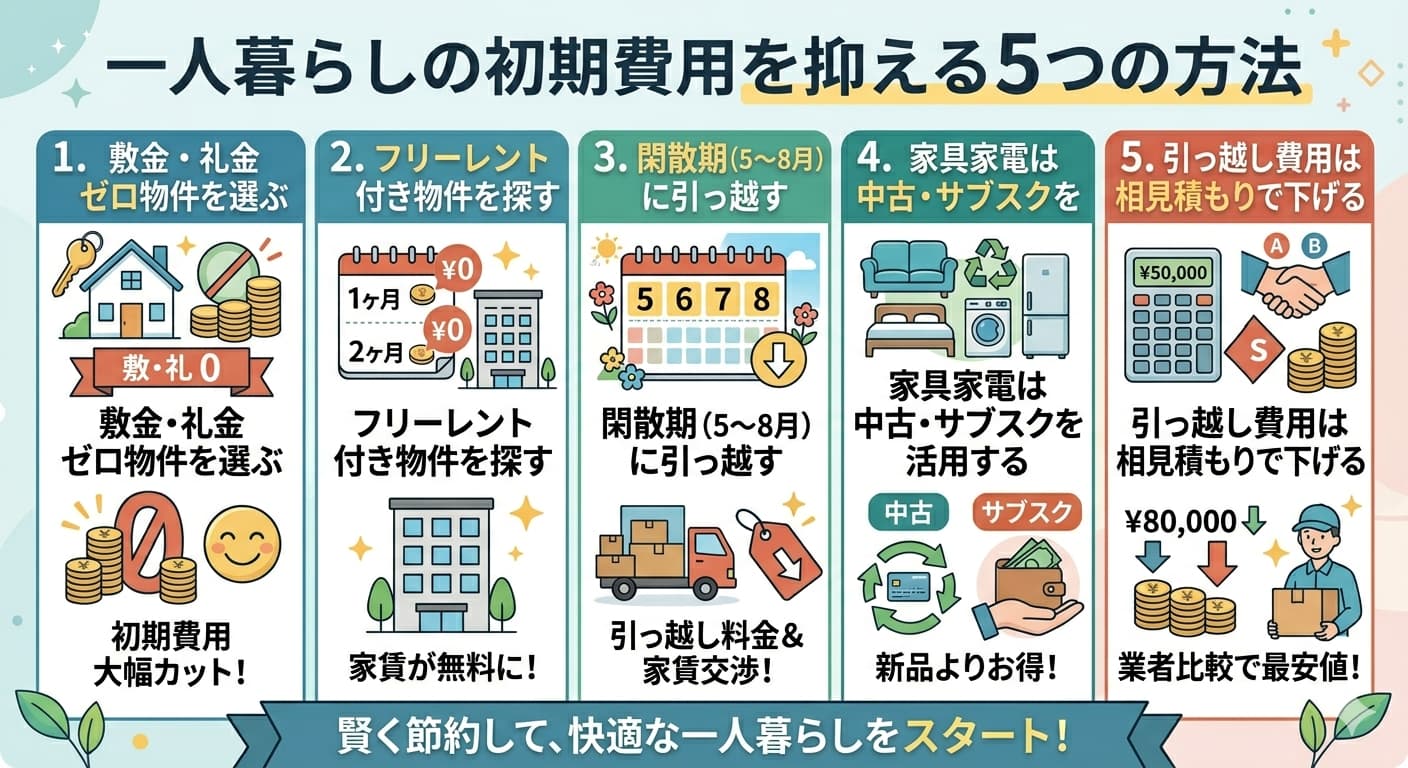 一人暮らしの初期費用を抑える5つの方法のインフォグラフィック。1つ目は敷金礼金ゼロ物件を選んで初期費用を大幅カット、2つ目はフリーレント付き物件を探して家賃を無料に、3つ目は閑散期の5〜8月に引っ越して引っ越し料金と家賃交渉を有利に、4つ目は家具家電を中古やサブスクで活用して新品より安く、5つ目は引っ越し費用を相見積もりで業者比較して最安値にする