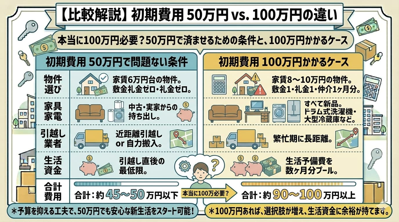 一人暮らしの初期費用50万円と100万円の違い比較｜物件選び・家具家電・引越し業者・生活資金の条件差