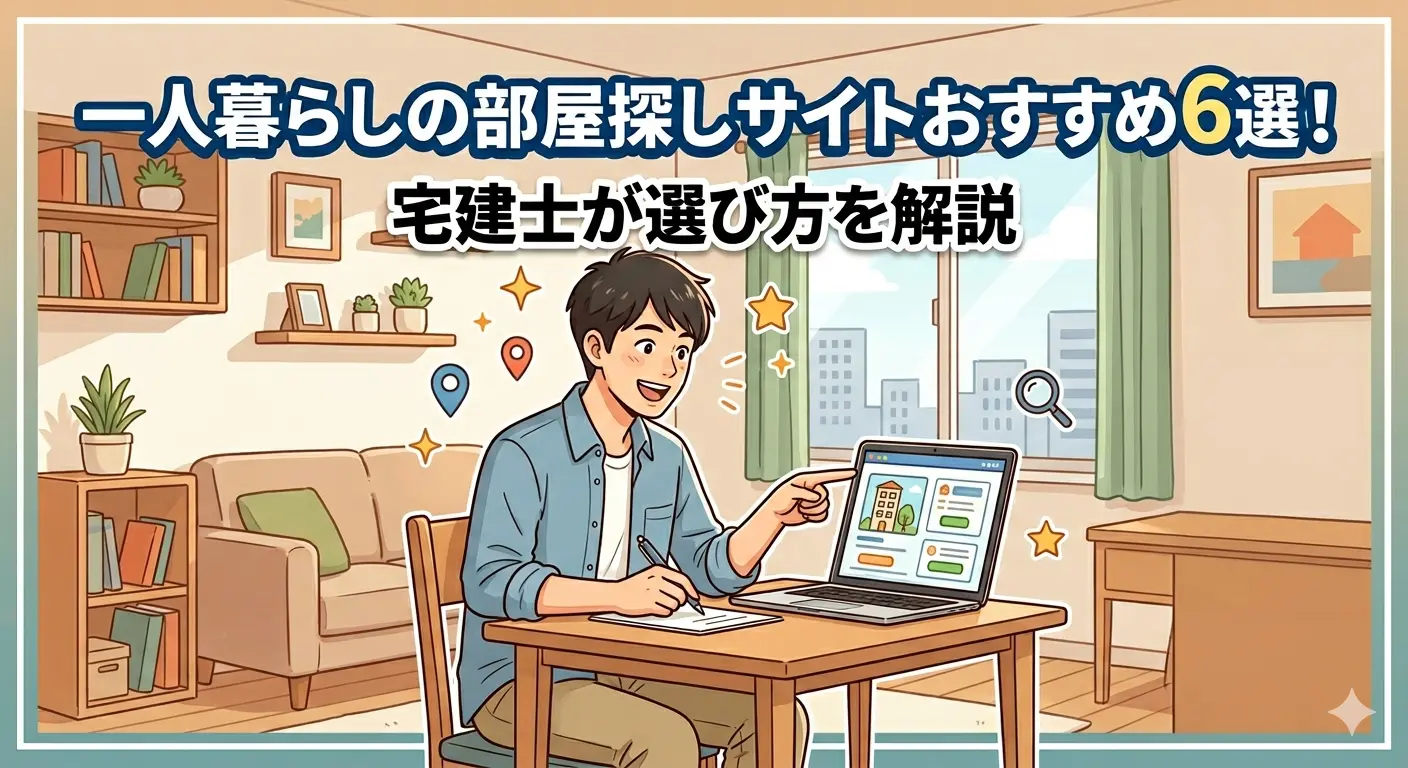 一人暮らしの部屋探しサイトおすすめ6選の記事アイキャッチ。ノートパソコンで賃貸サイトを見ながら部屋を探す男性のイラスト