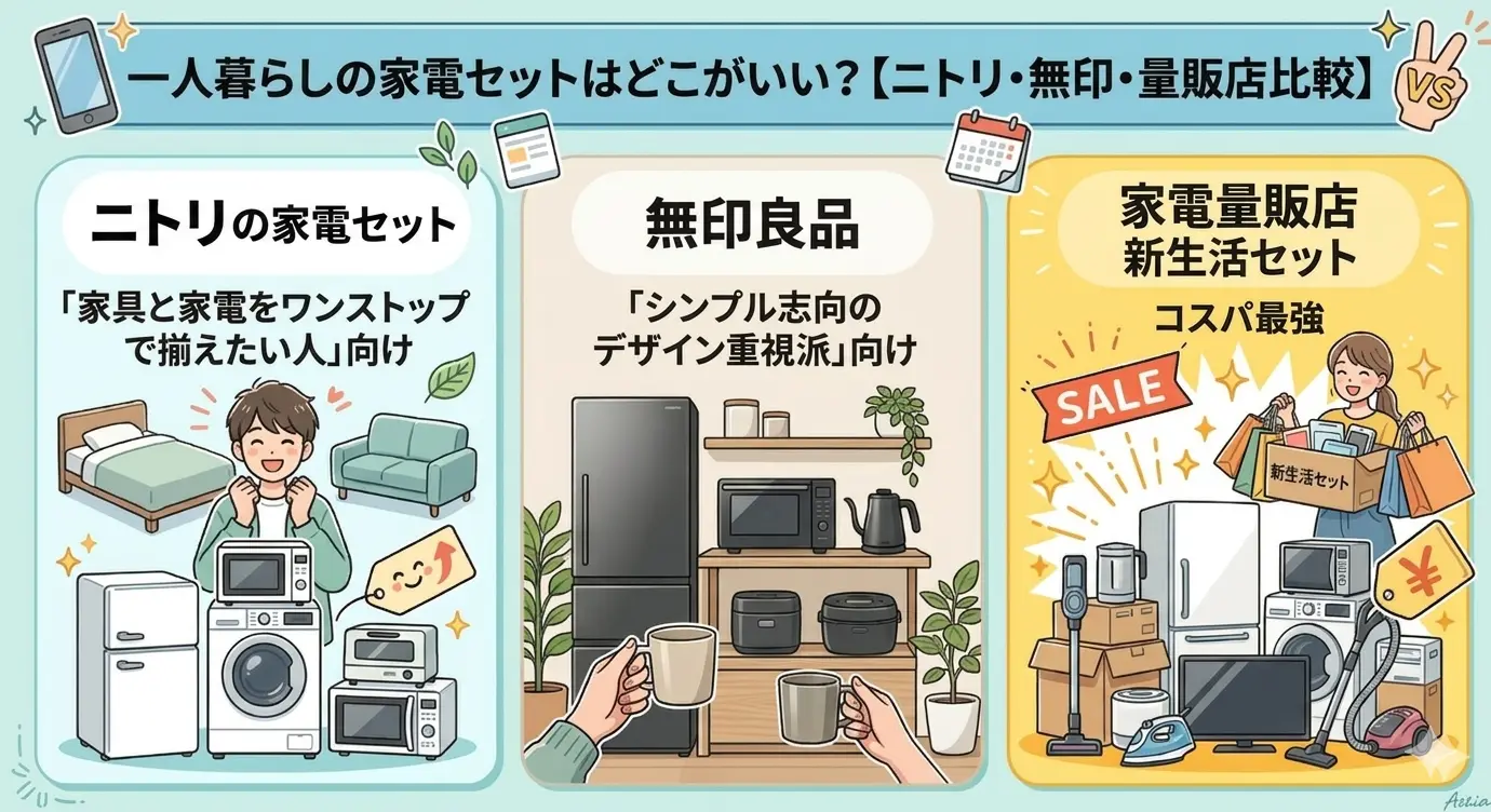 一人暮らしの家電セットはどこがいい｜ニトリ・無印良品・家電量販店の3社比較。ワンストップ派はニトリ、デザイン重視は無印、コスパ重視は量販店