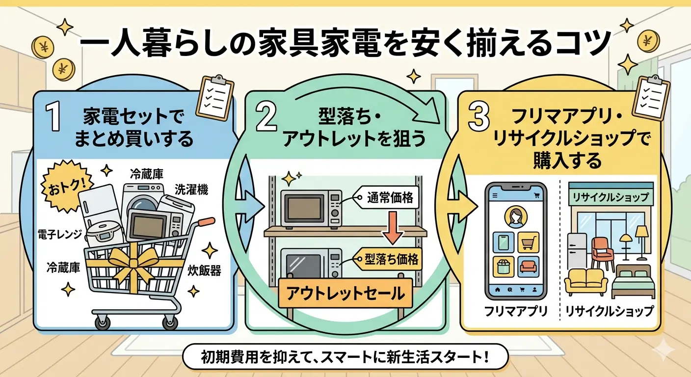 一人暮らしの家具家電を安く揃える3つのコツ｜家電セットでまとめ買い・型落ちアウトレット・フリマアプリやリサイクルショップの活用