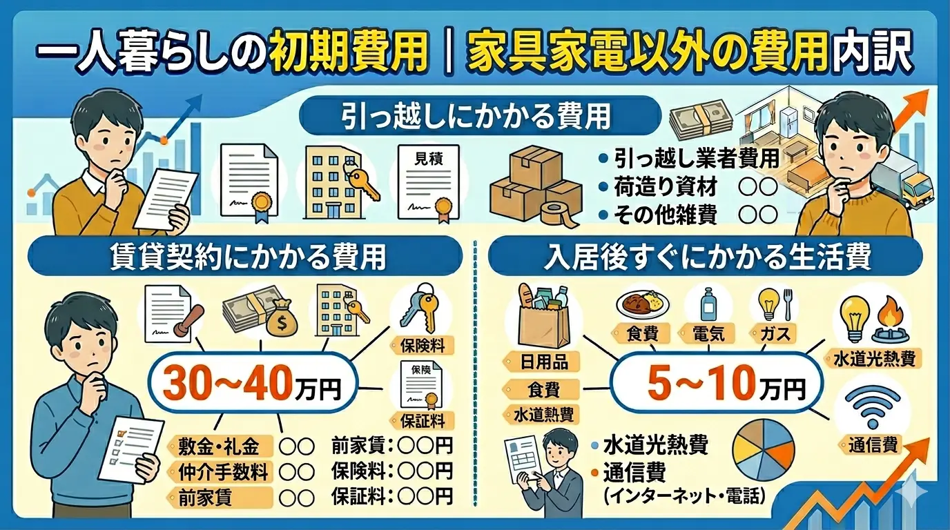 一人暮らしの初期費用｜家具家電以外の費用内訳（賃貸契約30〜40万円・引っ越し費用・入居後の生活費5〜10万円の3項目構成図）