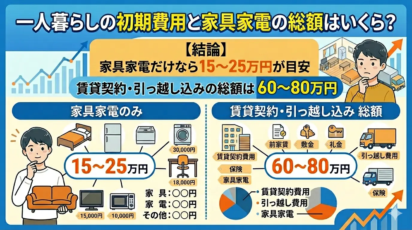 一人暮らしの初期費用と家具家電の総額｜家具家電のみなら15〜25万円・賃貸契約と引っ越し込みの総額は60〜80万円が目安