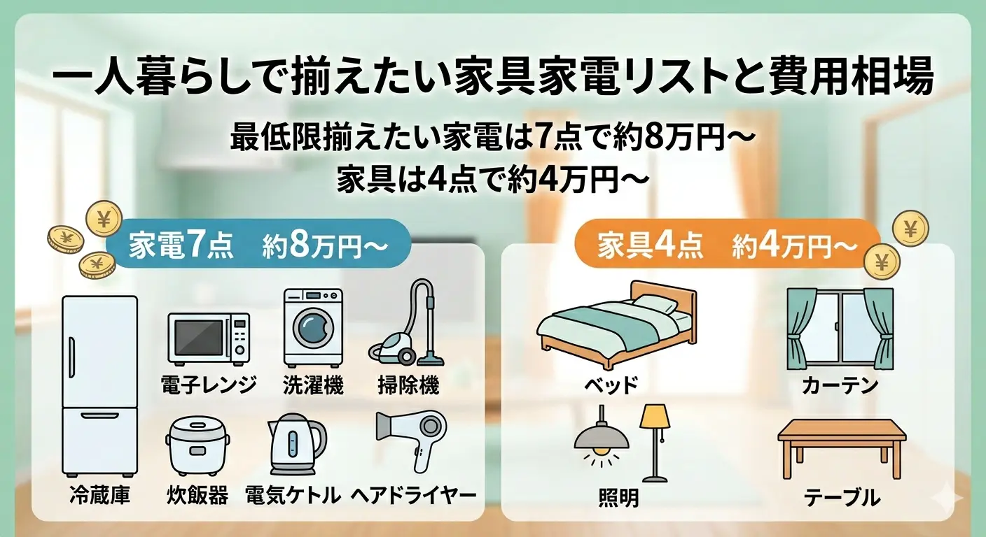 一人暮らしで揃えたい家具家電リスト｜最低限の家電7点（冷蔵庫・洗濯機・電子レンジ・炊飯器・電気ケトル・掃除機・ヘアドライヤー）と家具4点（ベッド・カーテン・照明・テーブル）の費用相場
