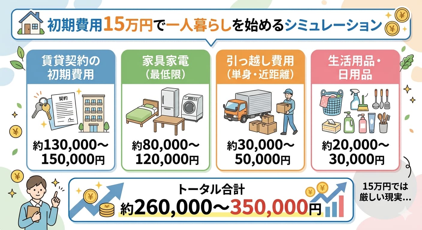 一人暮らしの初期費用15万円シミュレーション｜賃貸契約13〜15万円・家具家電8〜12万円・引越し3〜5万円の内訳