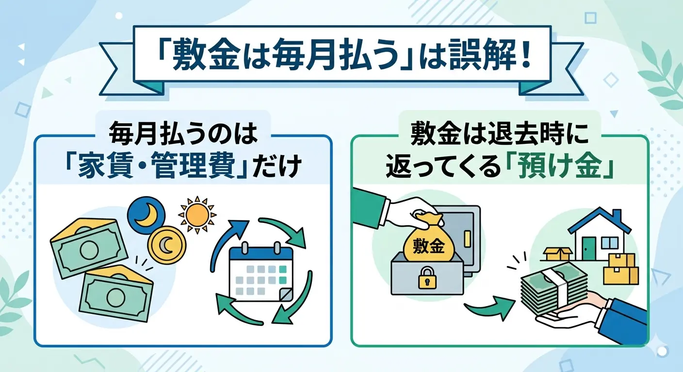 敷金は毎月払うは誤解。毎月払うのは家賃・管理費だけで敷金は退去時に返ってくる預け金