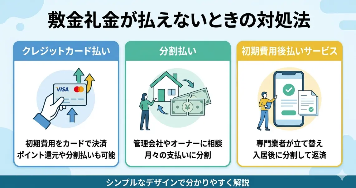 敷金礼金が払えないときの対処法は3つ。クレジットカード払い・分割払い・初期費用後払いサービスの活用