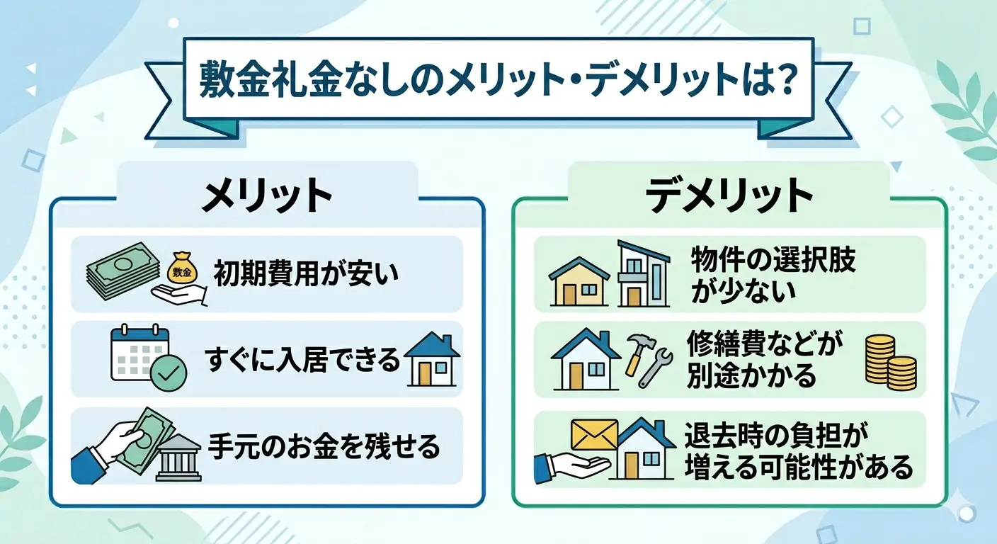 敷金礼金なしのメリットは初期費用が安いこと、デメリットは物件の選択肢が少なく退去時の負担が増えること