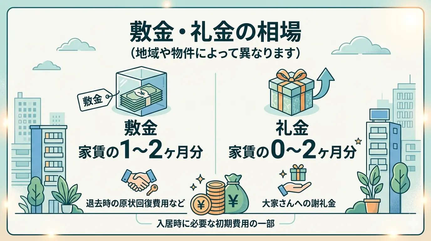 敷金は家賃の1〜2ヶ月分、礼金は0〜2ヶ月分が相場であることを示した図解