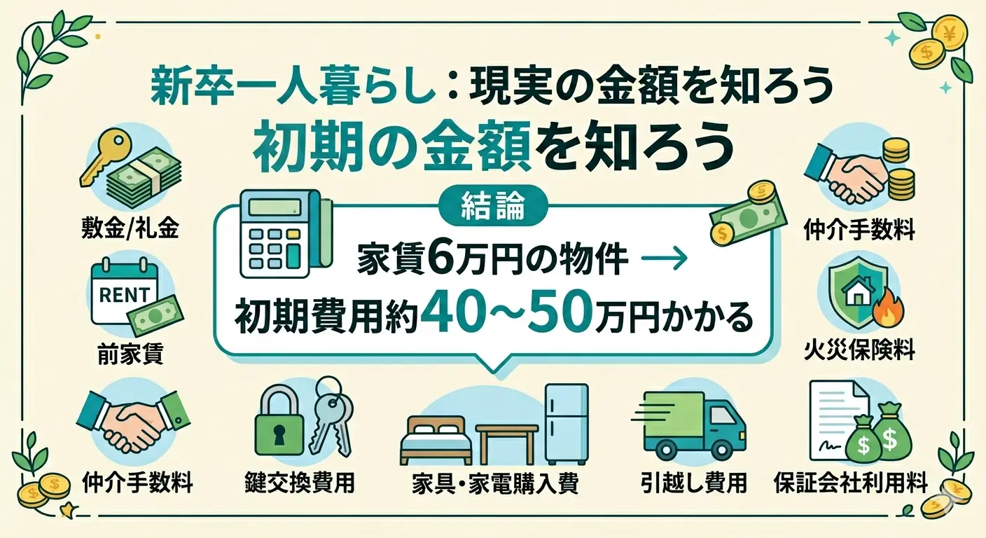 新卒一人暮らしの初期費用は家賃6万円で約40〜50万円かかる内訳図（敷金礼金・仲介手数料・前家賃・火災保険料・鍵交換・家具家電・引越し費・保証会社）