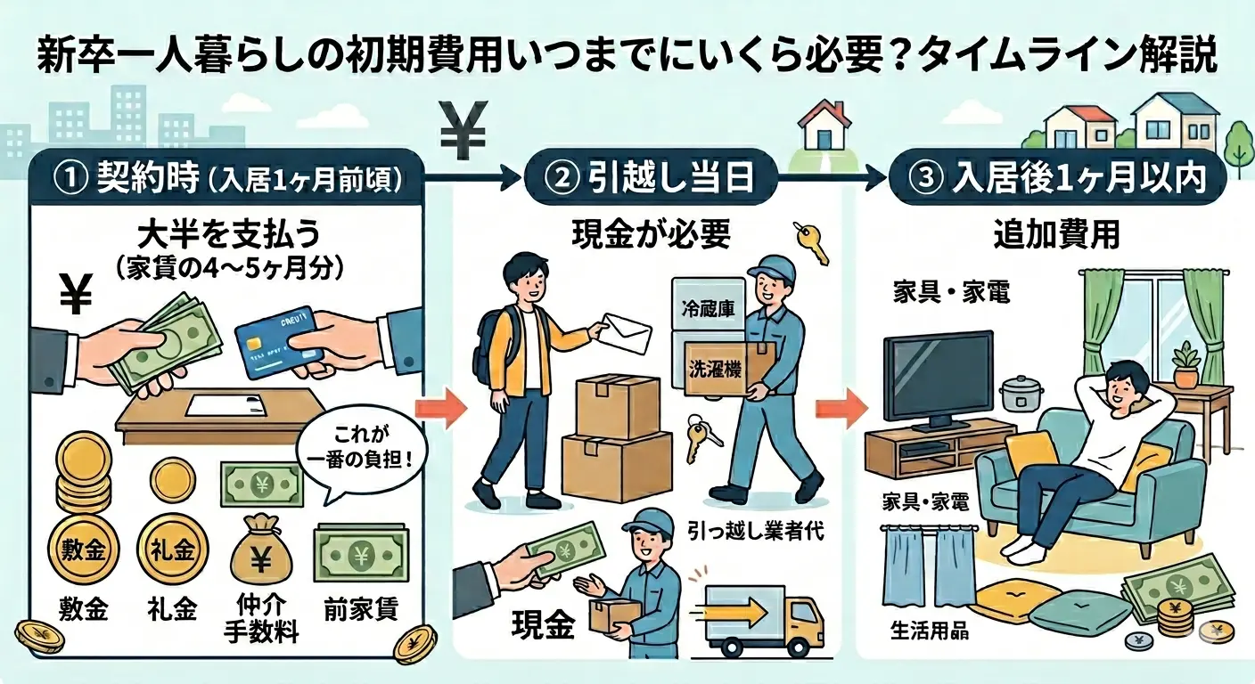 新卒一人暮らしの初期費用はいつまでにいくら必要かのタイムライン｜①契約時に家賃4〜5ヶ月分②引越し当日に現金③入居後1ヶ月以内に追加費用
