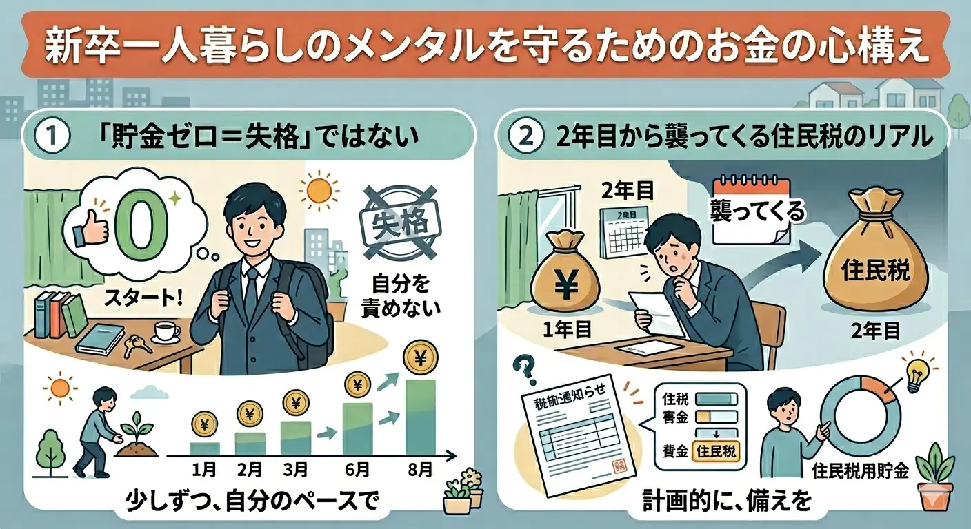 新卒一人暮らしのメンタルを守るためのお金の心構え2つ｜①貯金ゼロ＝失格ではない自分のペースで②2年目から襲ってくる住民税のリアルに計画的に備える