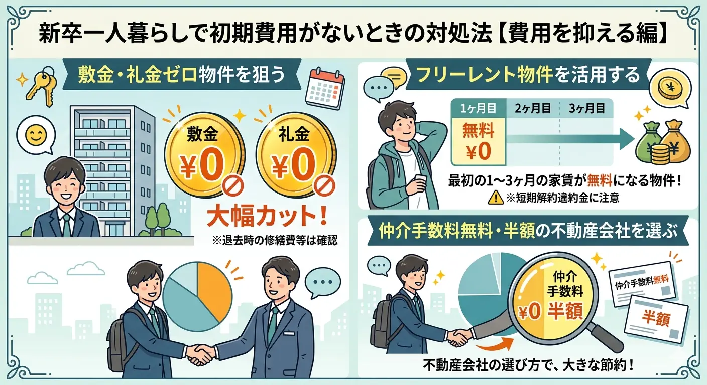 新卒一人暮らしで初期費用がないときの対処法3つ｜敷金礼金ゼロ物件・フリーレント物件・仲介手数料無料半額の不動産会社（費用を抑える編）