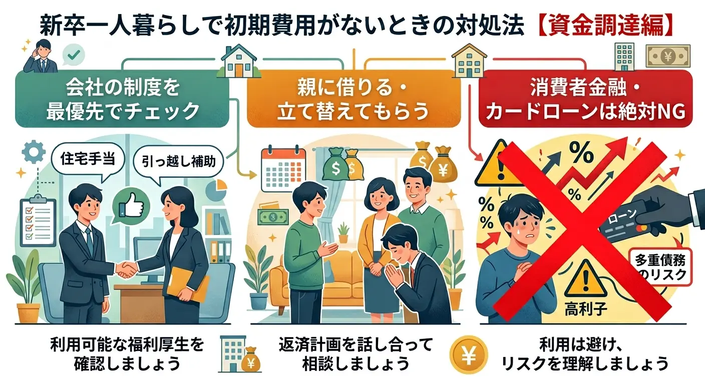 新卒一人暮らしで初期費用がないときの対処法3つ｜会社の制度を最優先・親に借りる・消費者金融とカードローンは絶対NG（資金調達編）