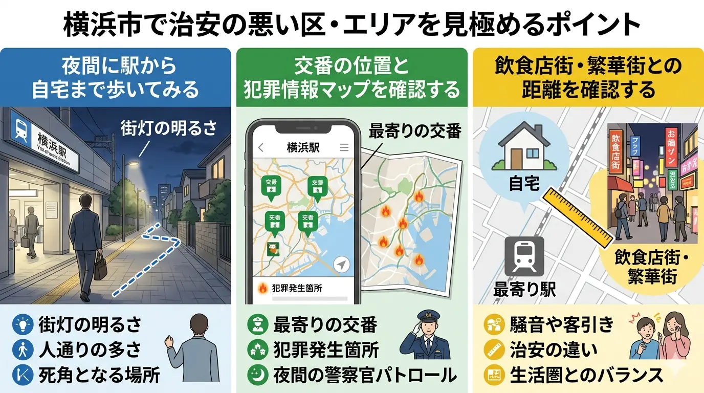 横浜市で治安の悪いエリアを見極める3つのポイント｜夜間に駅から歩く・交番と犯罪情報マップを確認・繁華街との距離を確認