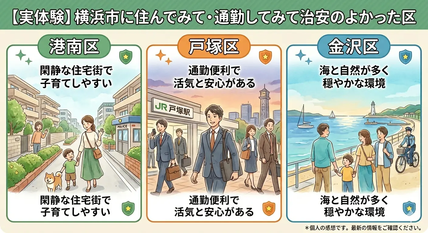 横浜市に住んで治安がよかった区のインフォグラフィック｜港南区は閑静な住宅街・戸塚区は通勤便利で活気と安心・金沢区は海と自然が多く穏やかな環境