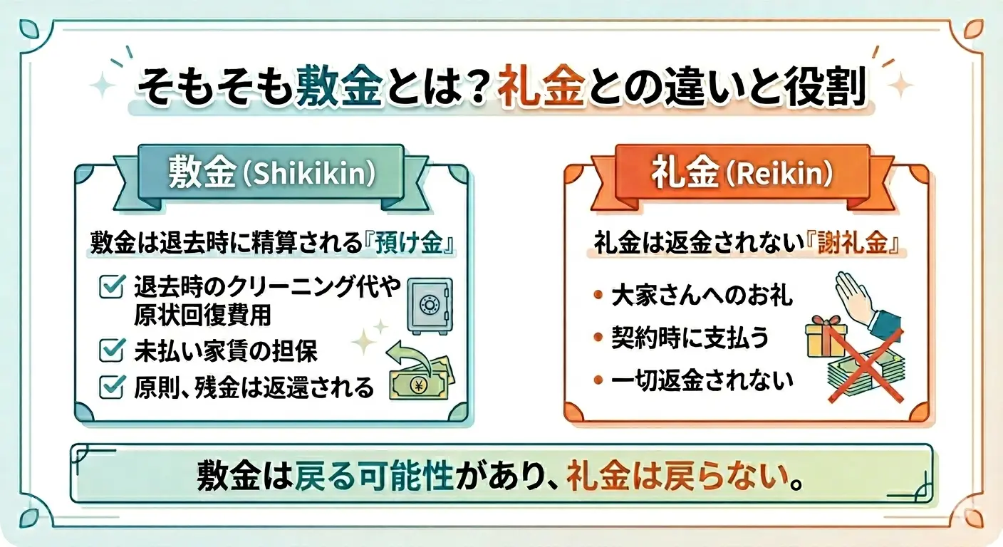 敷金と礼金の違いを比較したインフォグラフィック（敷金は退去時に精算される預け金・礼金は返金されない謝礼金）