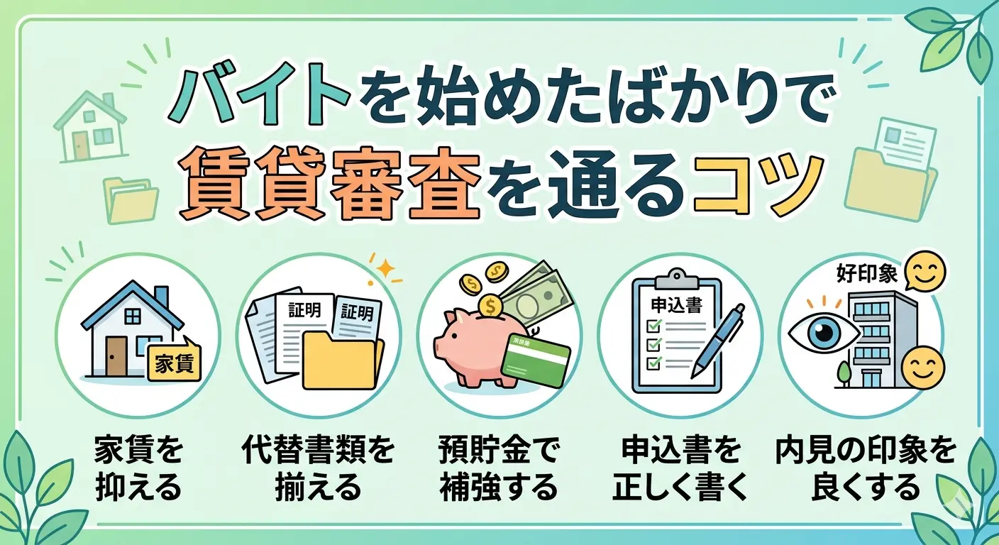 バイトを始めたばかりで賃貸審査を通る5つのコツを家賃・代替書類・預貯金・申込書・内見の観点で示すインフォグラフィック