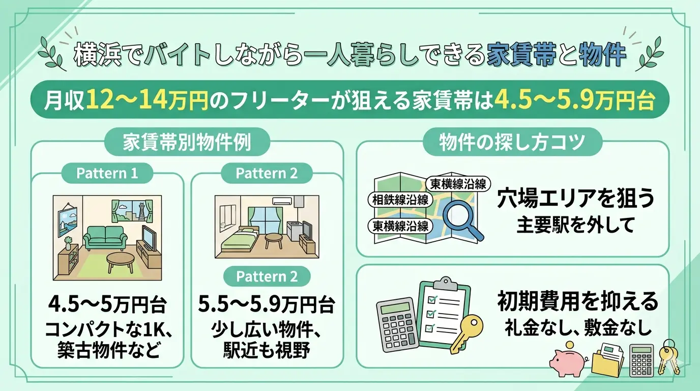 横浜でバイトしながら一人暮らしできる家賃帯と物件の探し方を月収12〜14万円のフリーター向けに4.5〜5.9万円台で示すインフォグラフィック