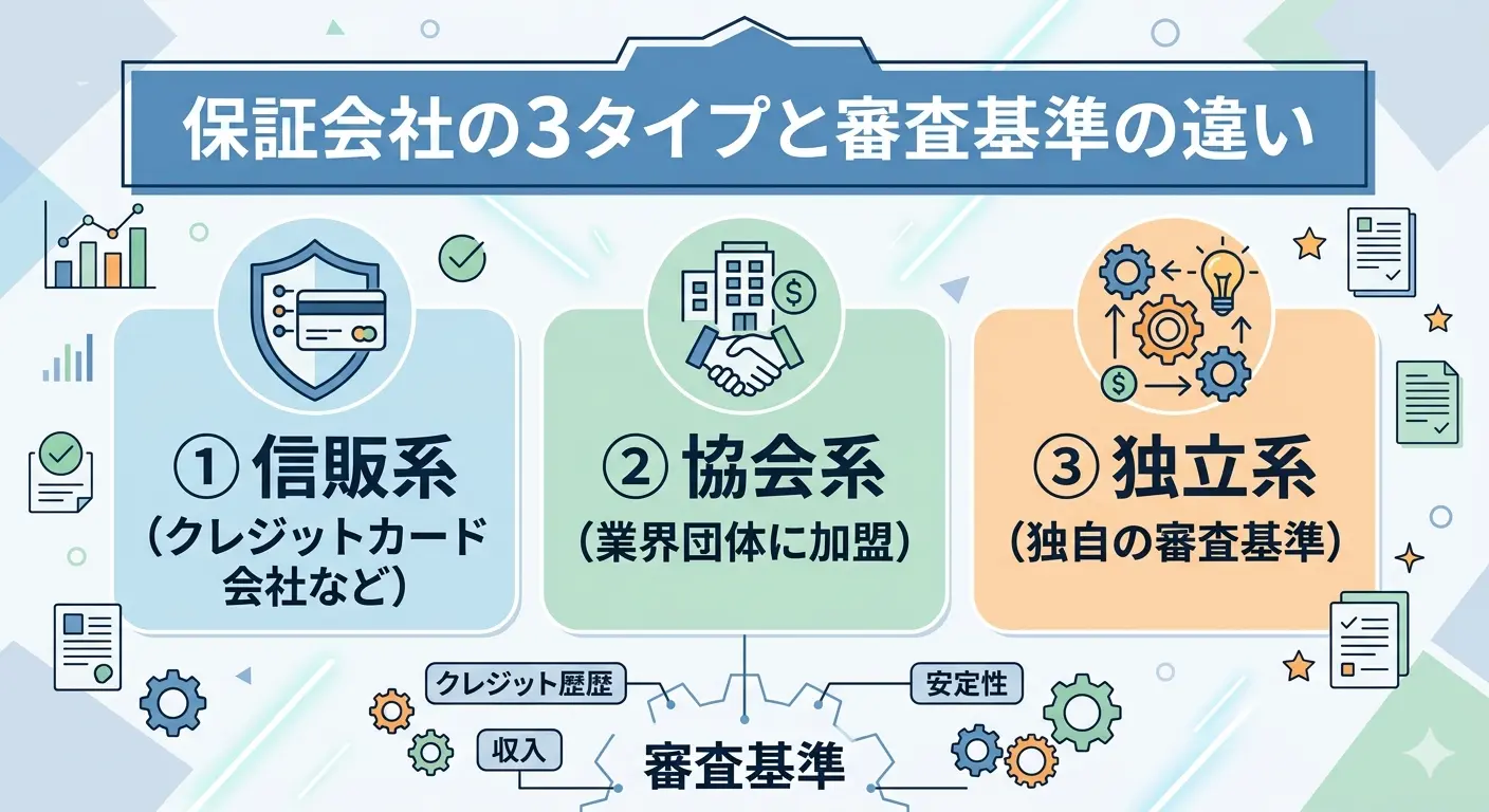 賃貸保証会社の3タイプと審査基準の違いを示す図解。信販系・協会系・独立系で見られる項目（信用情報・取引履歴・収入）が異なる