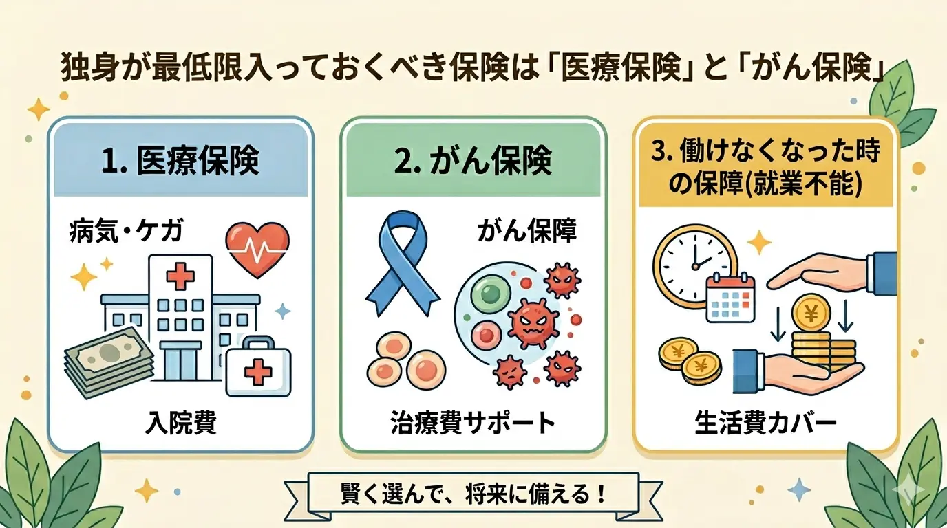 独身が最低限入っておくべき保険の図解。医療保険は入院費、がん保険は治療費サポート、就業不能の保障は生活費カバーを示す