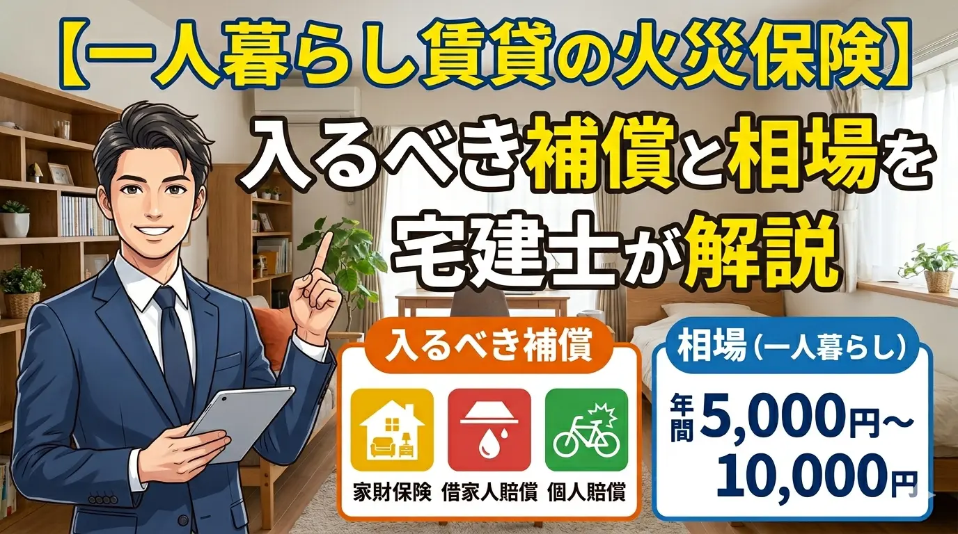 一人暮らし賃貸の火災保険で入るべき補償と相場を宅建士が解説するアイキャッチ