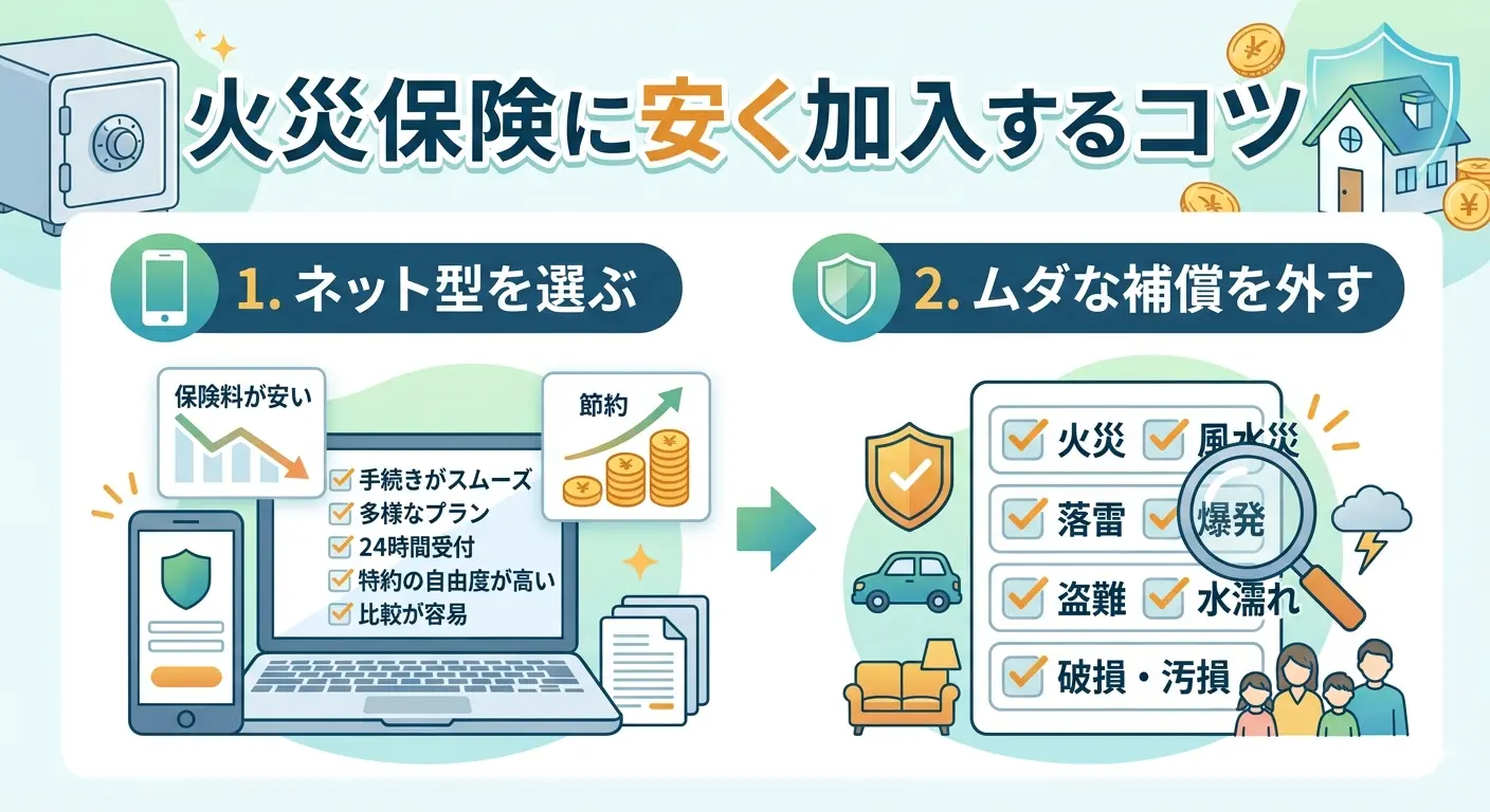 火災保険に安く加入するコツ。ネット型を選ぶ・ムダな補償を外す