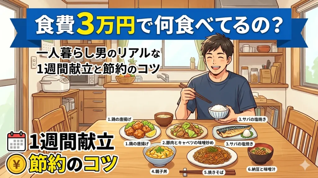 食費3万円で何食べてるの？一人暮らし男のリアルな1週間献立と節約のコツを解説する記事のアイキャッチ
