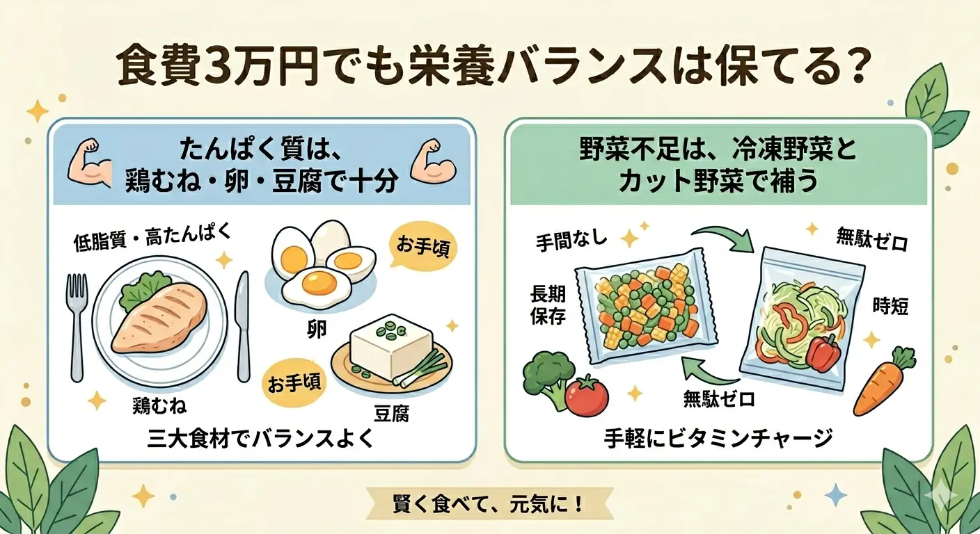 食費3万円でも栄養バランスは保てる。たんぱく質は鶏むね・卵・豆腐で十分、野菜不足は冷凍野菜とカット野菜で補う