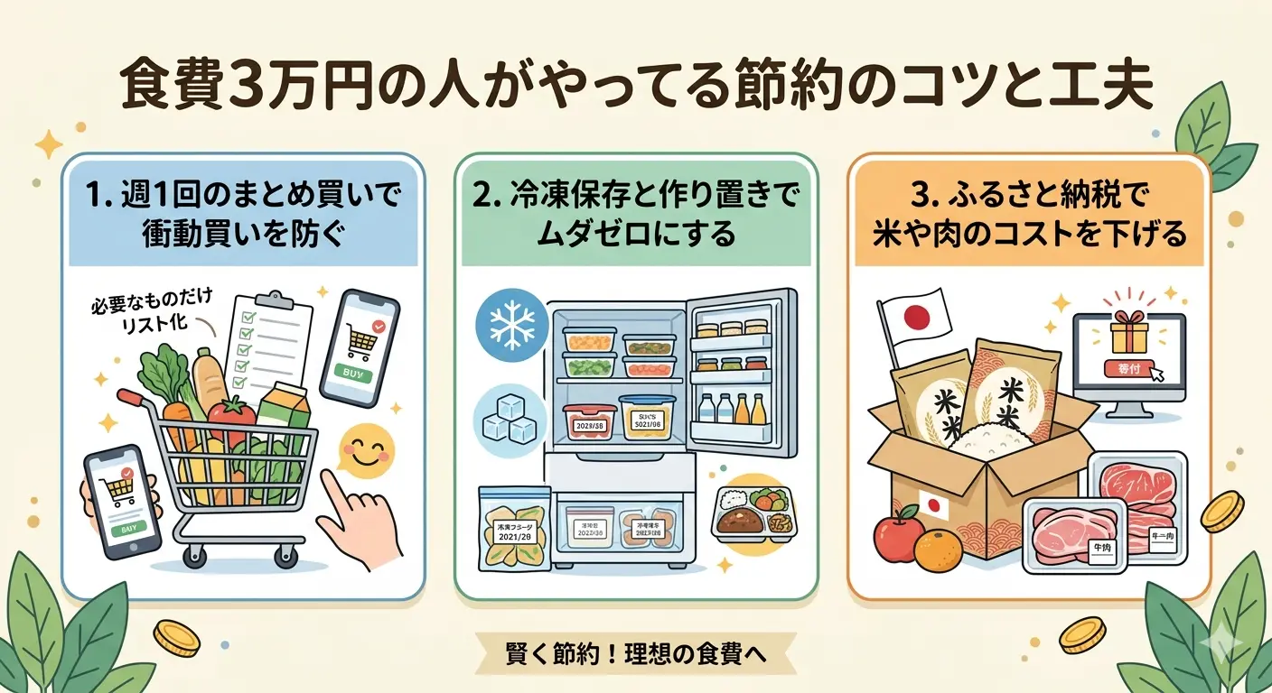食費3万円の人がやってる節約のコツと工夫3つ。週1回まとめ買い、冷凍保存と作り置き、ふるさと納税