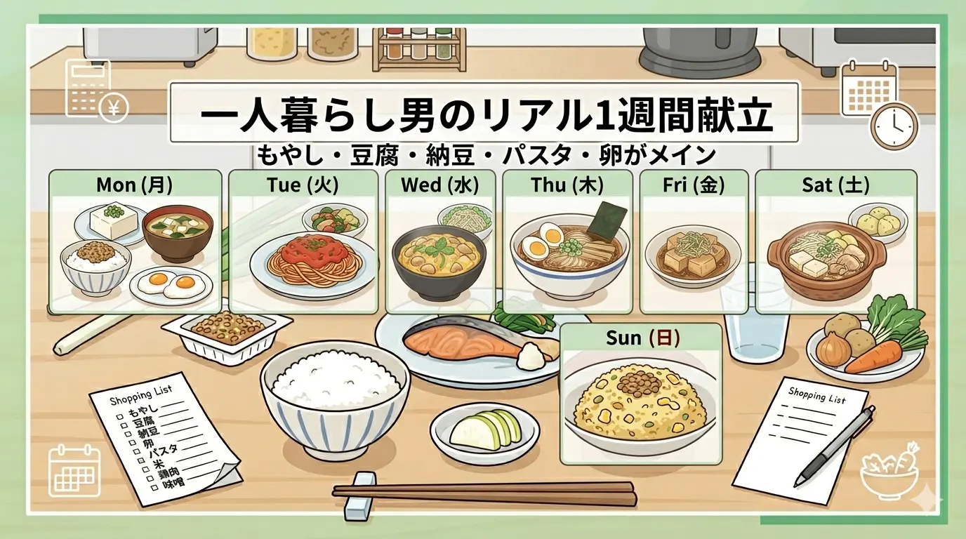 一人暮らし男のリアル1週間献立。月〜日曜まで、もやし・豆腐・納豆・パスタ・卵を軸にした食卓