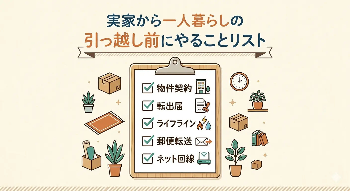 実家から一人暮らしの引っ越し前にやることリスト（物件契約・転出届・ライフライン・郵便転送・ネット回線の5項目）